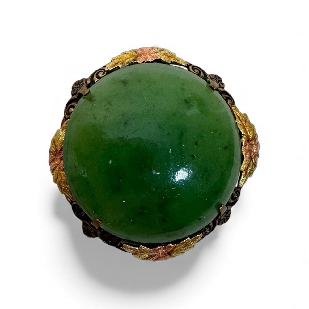 Vintage Jade Cabochon Art Deco Brooch W/ Black Hills Gold Flower Accents Estate